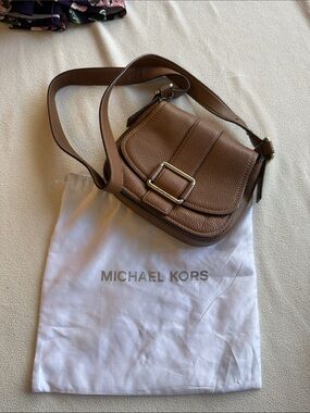 Michael Kors Brown Pebble Leather Saddle Crossbody with Gold Buckle